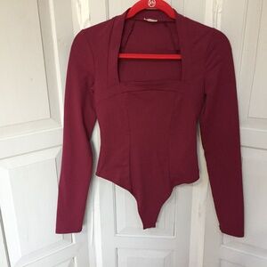 Free People Intimately Maroon Long Sleeve Bodysuit